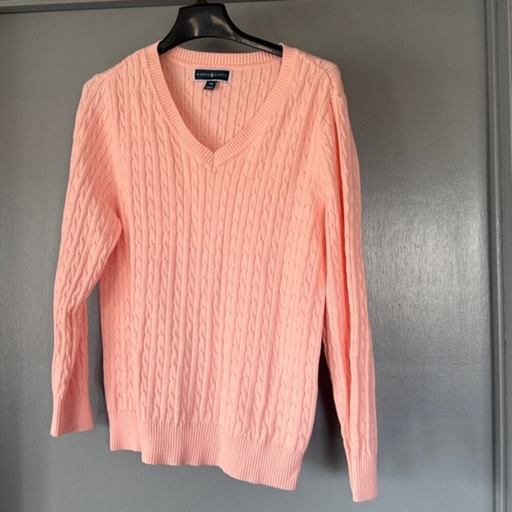 Pink 2XL Karen Scott Classic Women's  V-Neck Cable Knit Long Sleeve Sweater